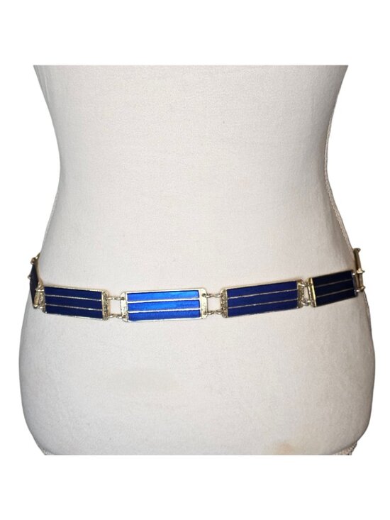 1930s Art Deco Gold Blue Enameled Link Waist Belt Gold Plated Vermeil Sz M 33-35 main image 6